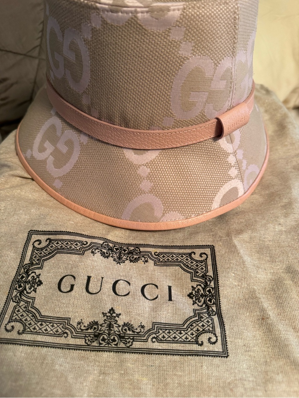Gucci Beige and Pink GG Canvas Bucket Hat